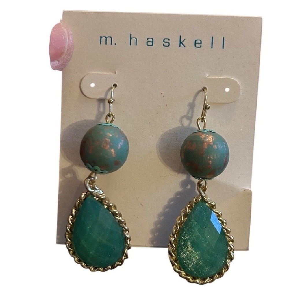 m haskell Teal‎ Green Teardrop Beaded Dangle Earrings Gold Tone